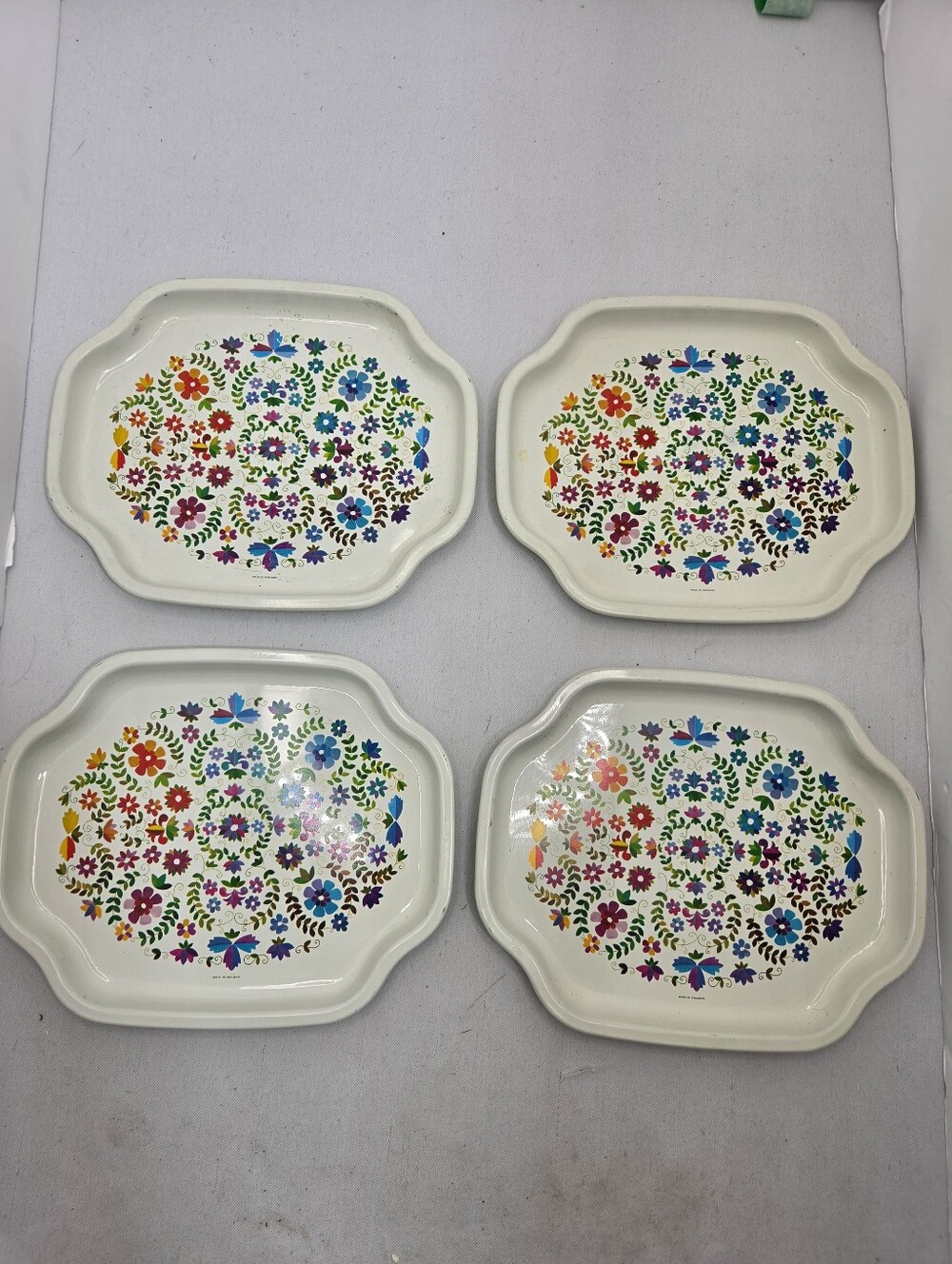 🌸 Vintage Elite Trays Set of 4 Folk Art Floral Mini Trays Made in England 🇬🇧